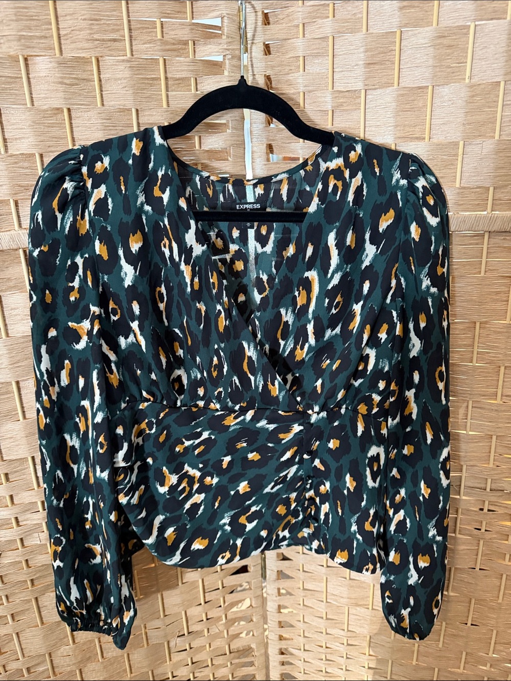 Express Dark Green Leopard-Print Wrap Blouse